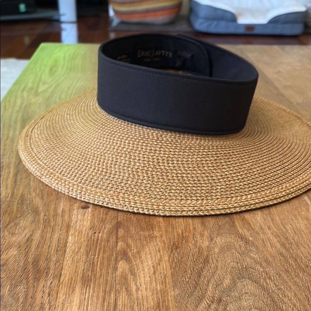 Eric Javits Wide Brim Straw Visor in Tan and Black - Picture 5 of 5
